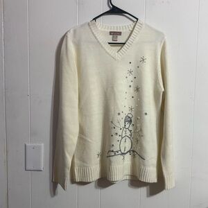 White‎ Stag Cream V-Neck Sweater with Snowman Motif